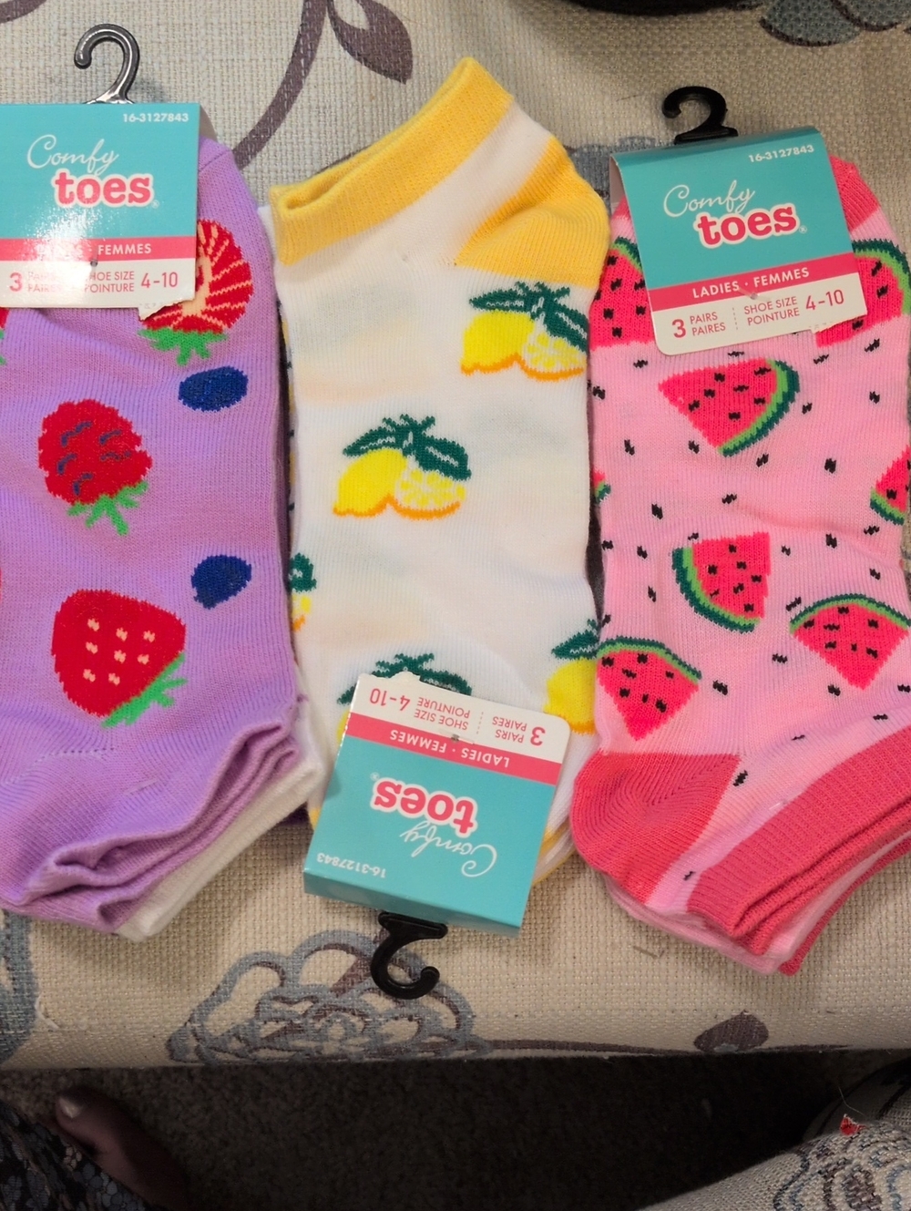 Ladies Fruit Pattern Ankle Socks - Pink, Purple, White